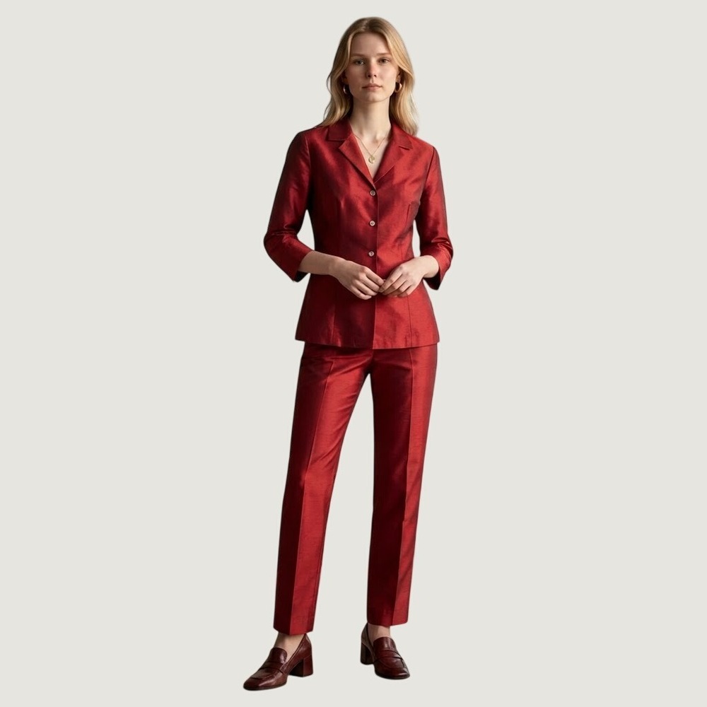 Karen Kane Silk Pant Suit Women 8 Red 2 Piece Set Blazer Trousers Luxury